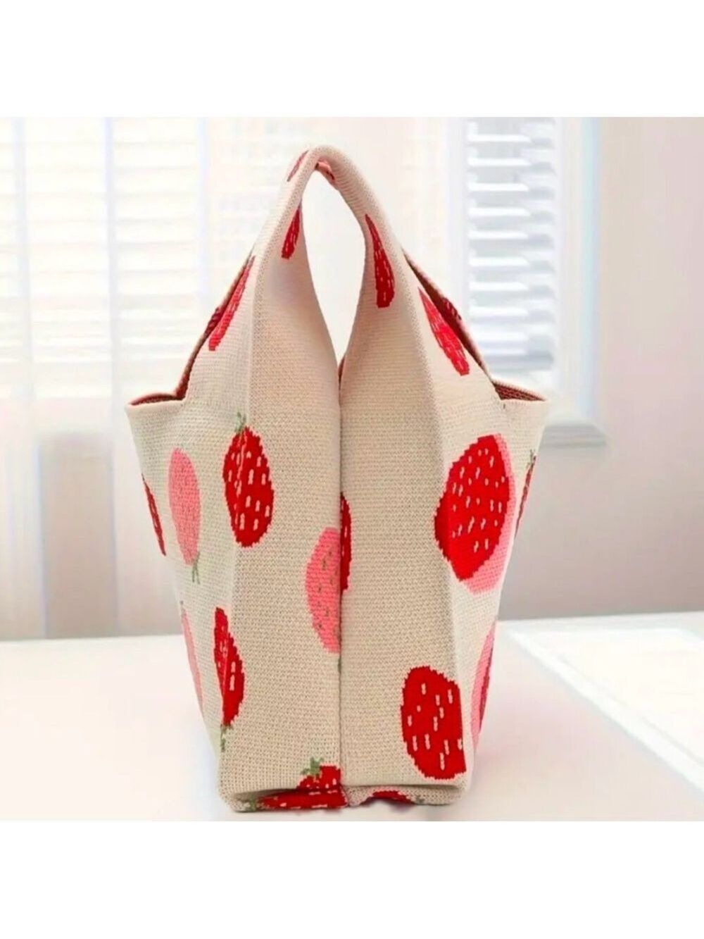 Heavy Woven Knit Strawberry Pattern Tote Purse Bag Japanese Knot Closure Style - Picture 2 of 5